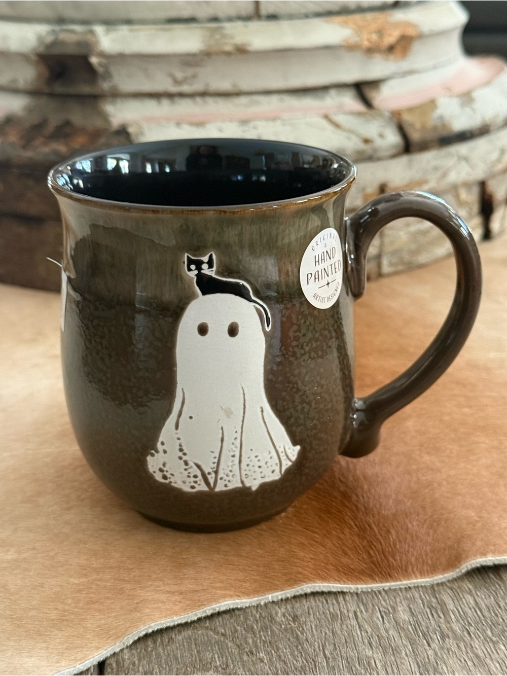 Brand NWT Handmade Ceramics Hand Painted Ghost Mug with Black Cat Accent